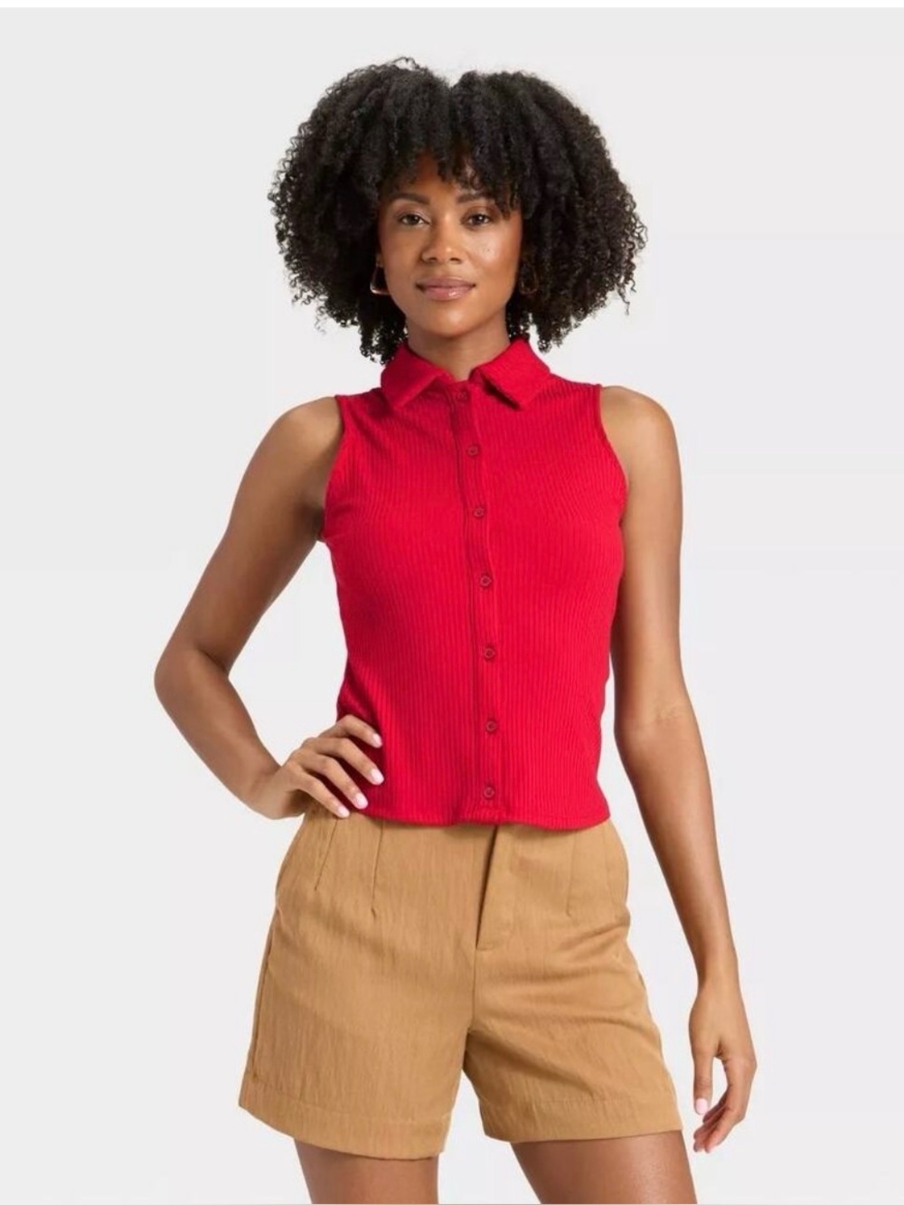 A NEW DAY Sleeveless Button-Front Ribbed Knit Top - Red (Size S)